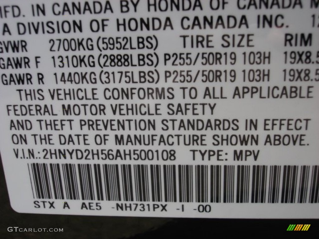 2010 MDX Color Code NH731PX for Crystal Black Pearl Photo #53207369