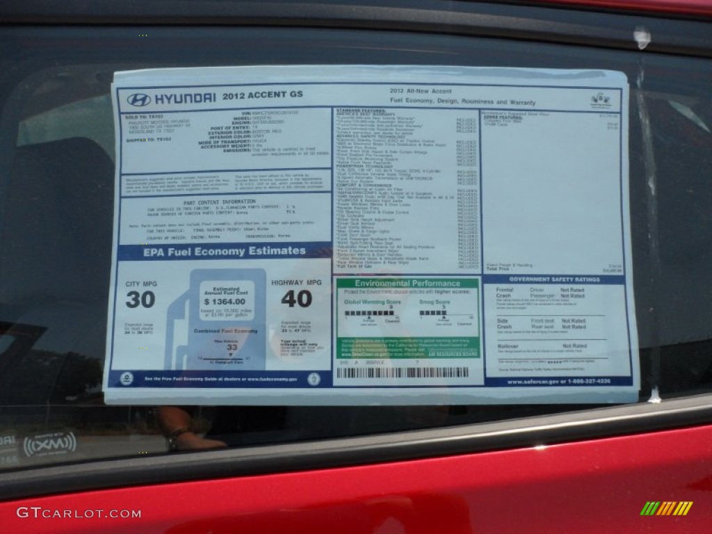 2012 Hyundai Accent GS 5 Door Window Sticker Photo #53212724