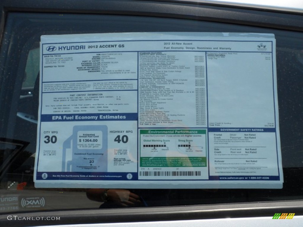 2012 Hyundai Accent GS 5 Door Window Sticker Photo #53213261