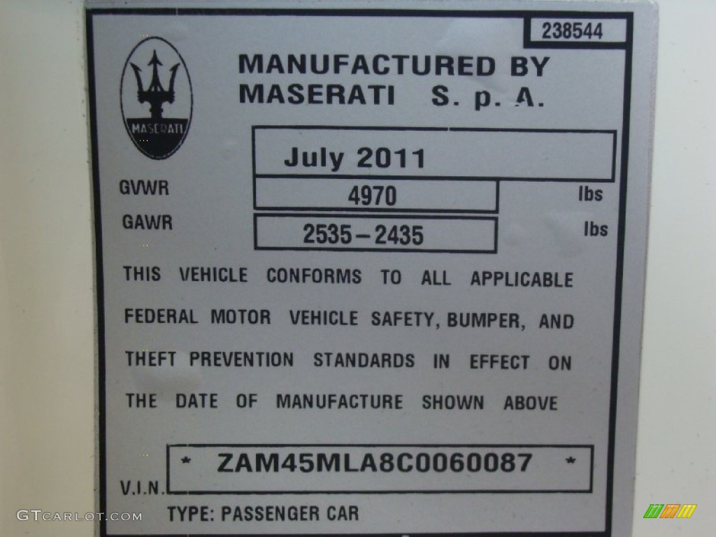 2012 Maserati GranTurismo MC Coupe Info Tag Photo #53213270