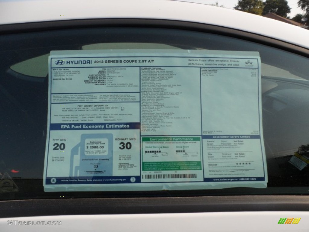 2012 Hyundai Genesis Coupe 2.0T Window Sticker Photo #53214248