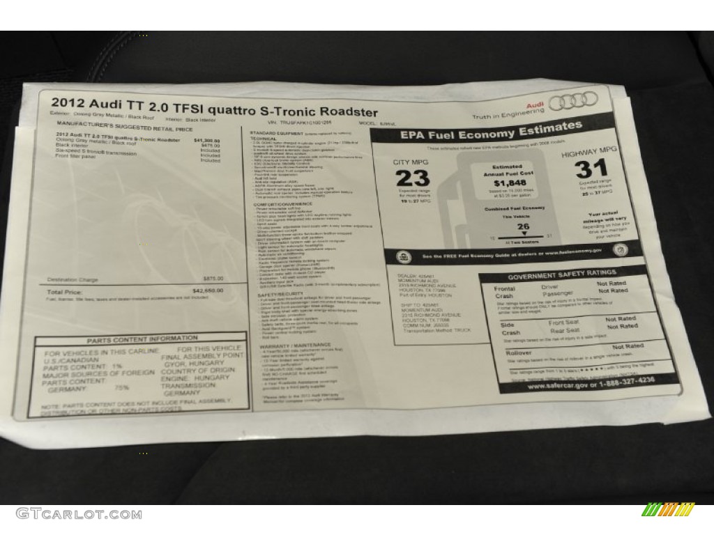 2012 Audi TT 2.0T quattro Roadster Window Sticker Photo #53241153