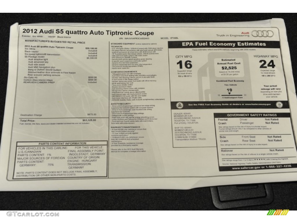 2012 Audi S5 4.2 FSI quattro Coupe Window Sticker Photo #53241513
