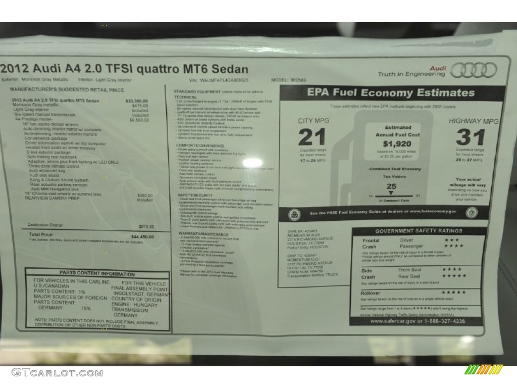 2012 Audi A4 2.0T quattro Sedan Window Sticker Photo #53241879