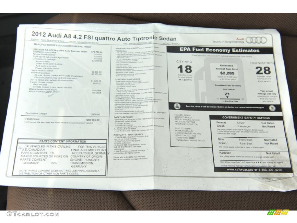 2012 Audi A8 4.2 quattro Window Sticker Photo #53243181