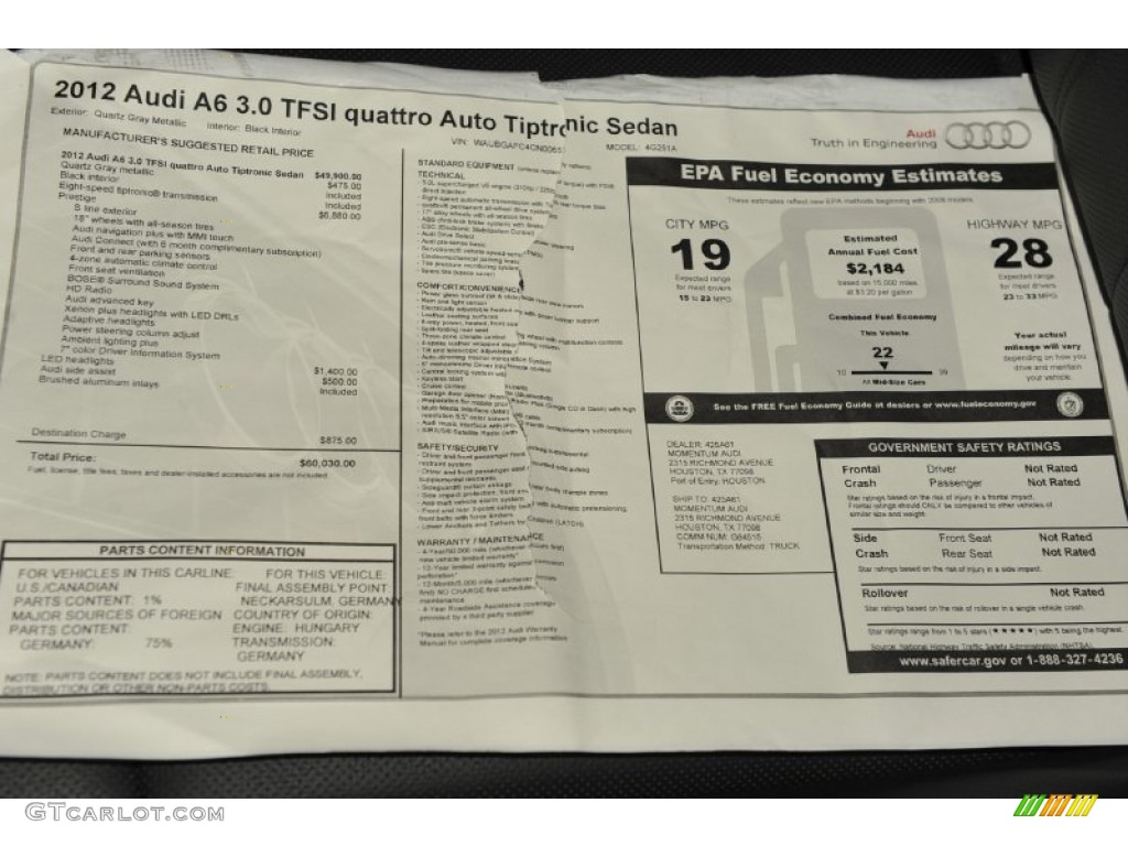 2012 Audi A6 3.0T quattro Sedan Window Sticker Photo #53243439