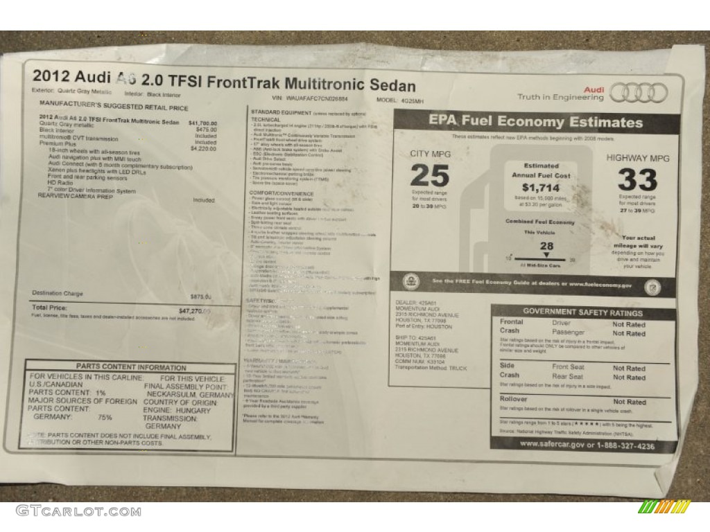 2012 Audi A6 2.0T Sedan Window Sticker Photos