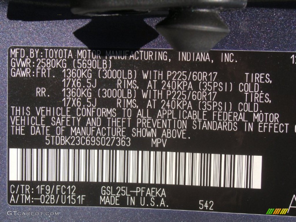 2009 Sienna Color Code 1F9 for Slate Metallic Photo #53257117