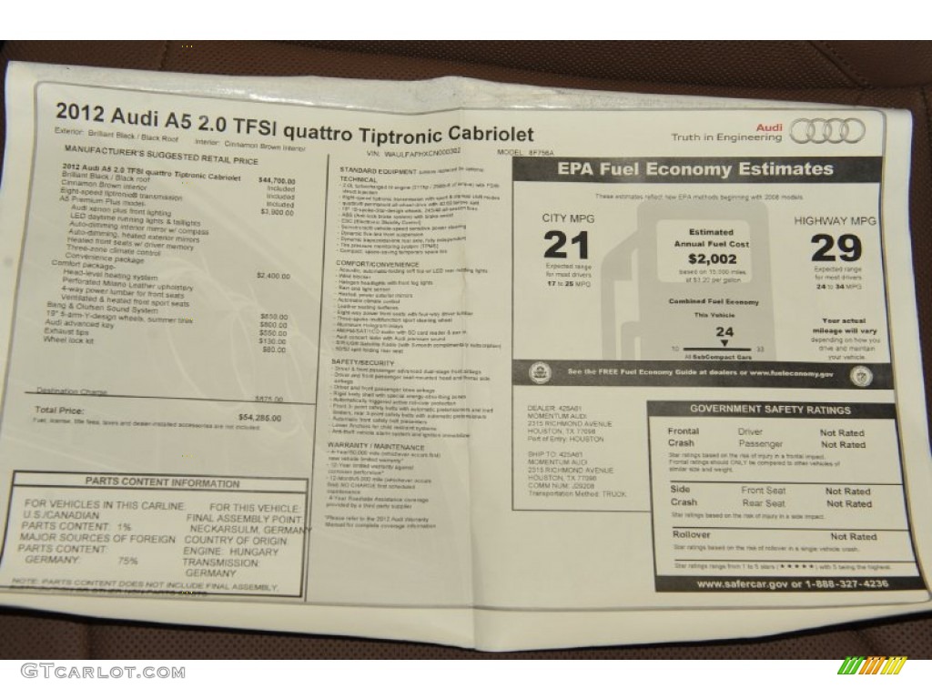 2012 Audi A5 2.0T quattro Cabriolet Window Sticker Photo #53268544