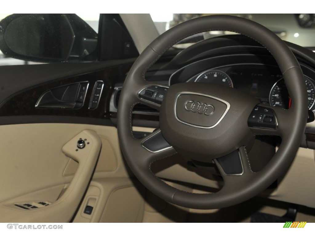 2012 Audi A6 3.0T quattro Sedan Velvet Beige Steering Wheel Photo #53269030