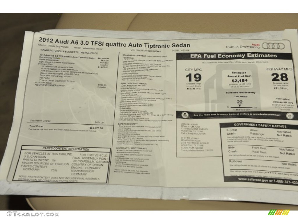2012 Audi A6 3.0T quattro Sedan Window Sticker Photo #53269186