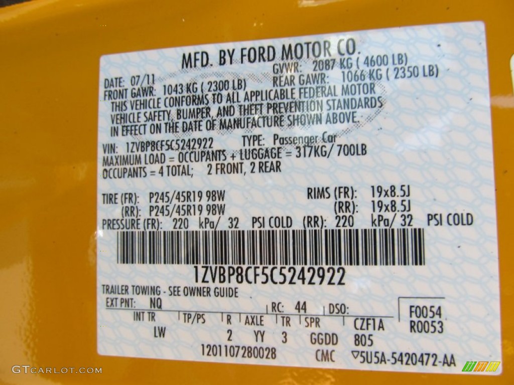 2012 Mustang Color Code NQ for Yellow Blaze Metallic Tri-Coat Photo #53287089