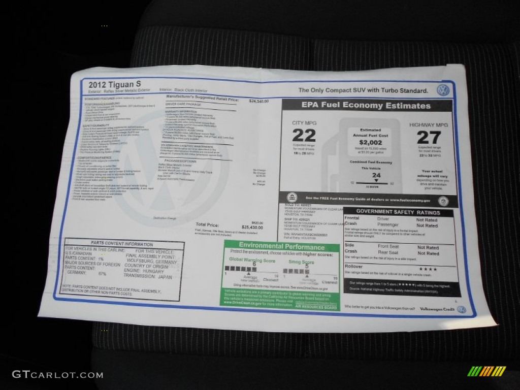 2012 Volkswagen Tiguan S Window Sticker Photo #53305542