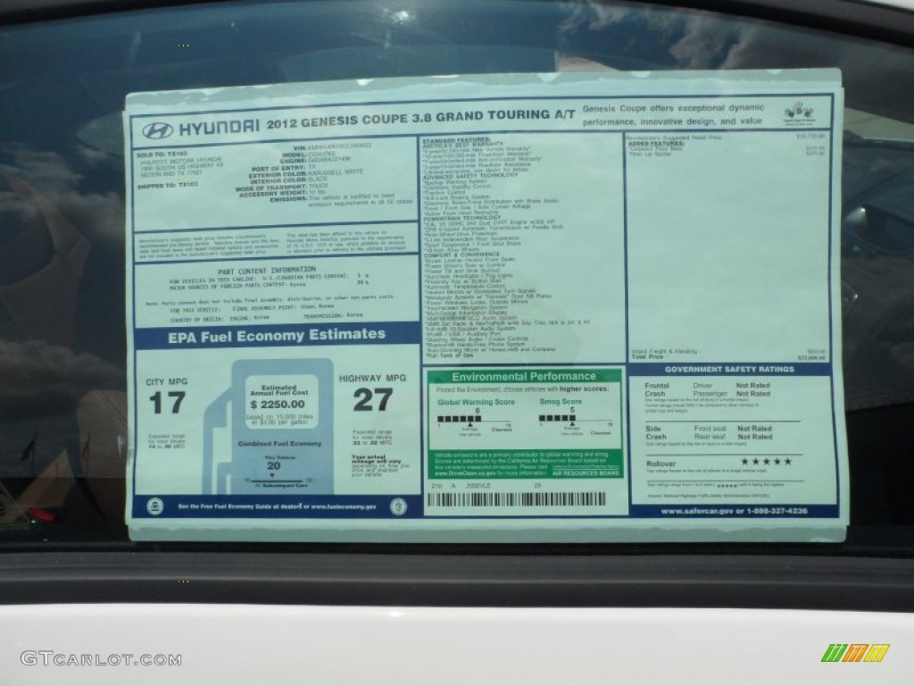 2012 Hyundai Genesis Coupe 3.8 Grand Touring Window Sticker Photo #53314431