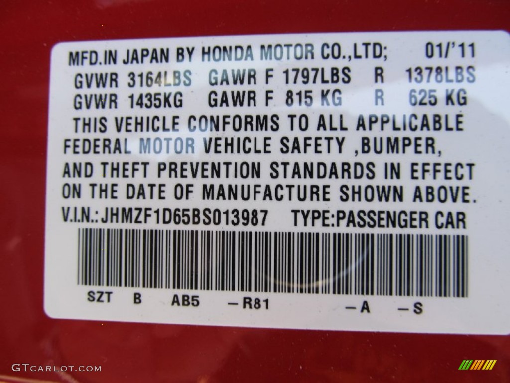 2011 CR-Z Color Code R81 for Milano Red Photo #53325691
