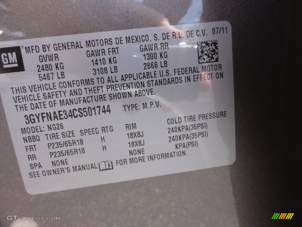 2012 Cadillac SRX Luxury Info Tag Photo #53333950