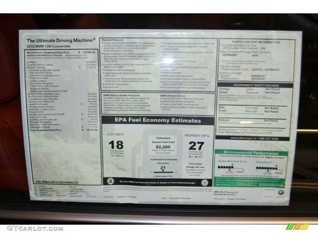 2012 BMW 1 Series 128i Convertible Window Sticker Photo #53344384