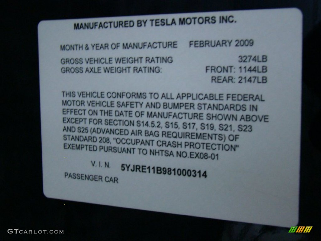 2008 Tesla Roadster Standard Roadster Model Info Tag Photo #53346511