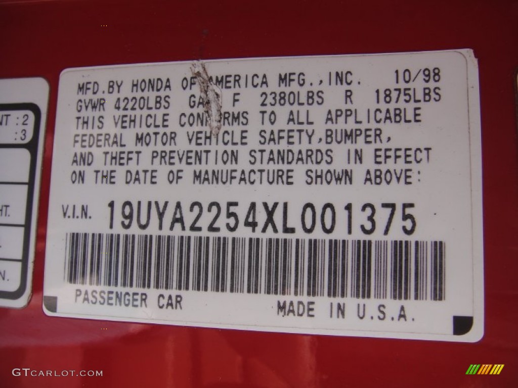 1999 Acura CL 3.0 Info Tag Photos