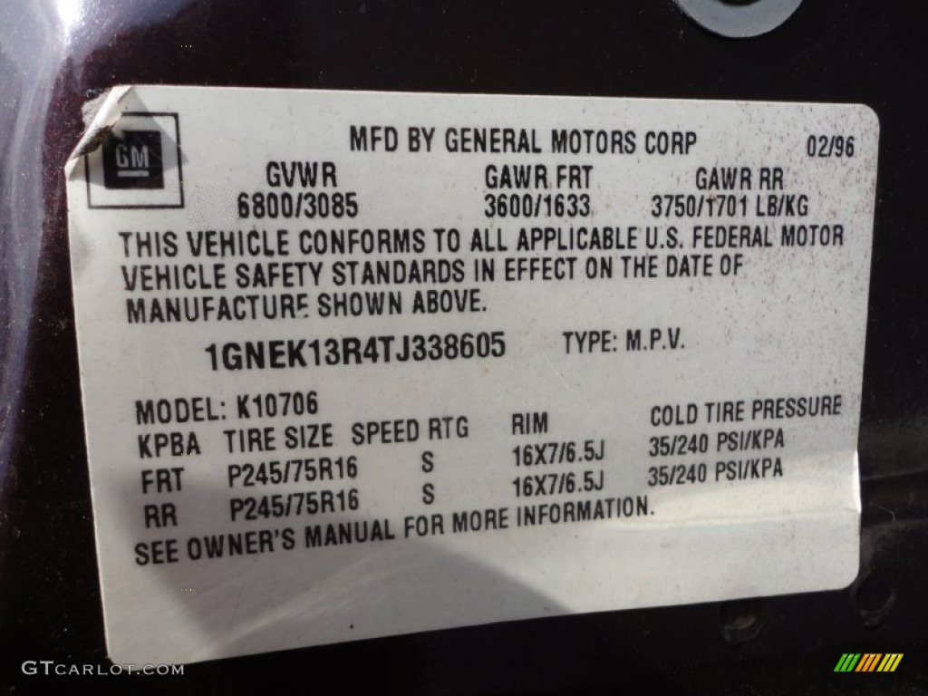 1996 Chevrolet Tahoe LS 4x4 Info Tag Photo #53349880
