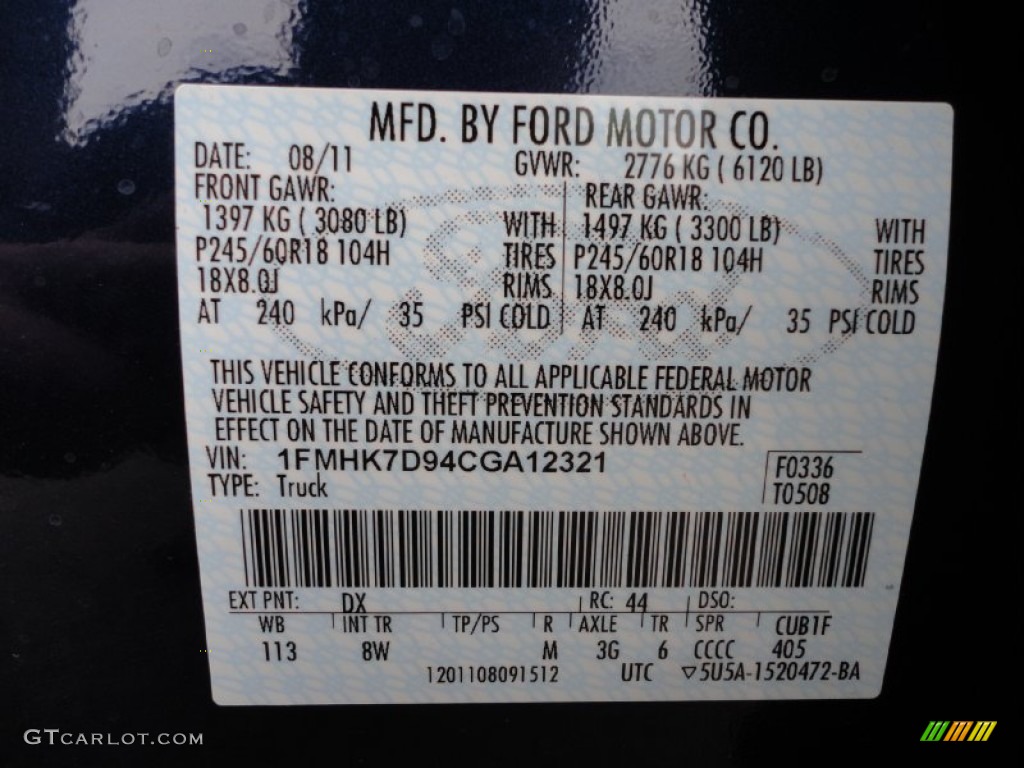 2012 Explorer Color Code DX for Dark Pearl Blue Metallic Photo #53350987