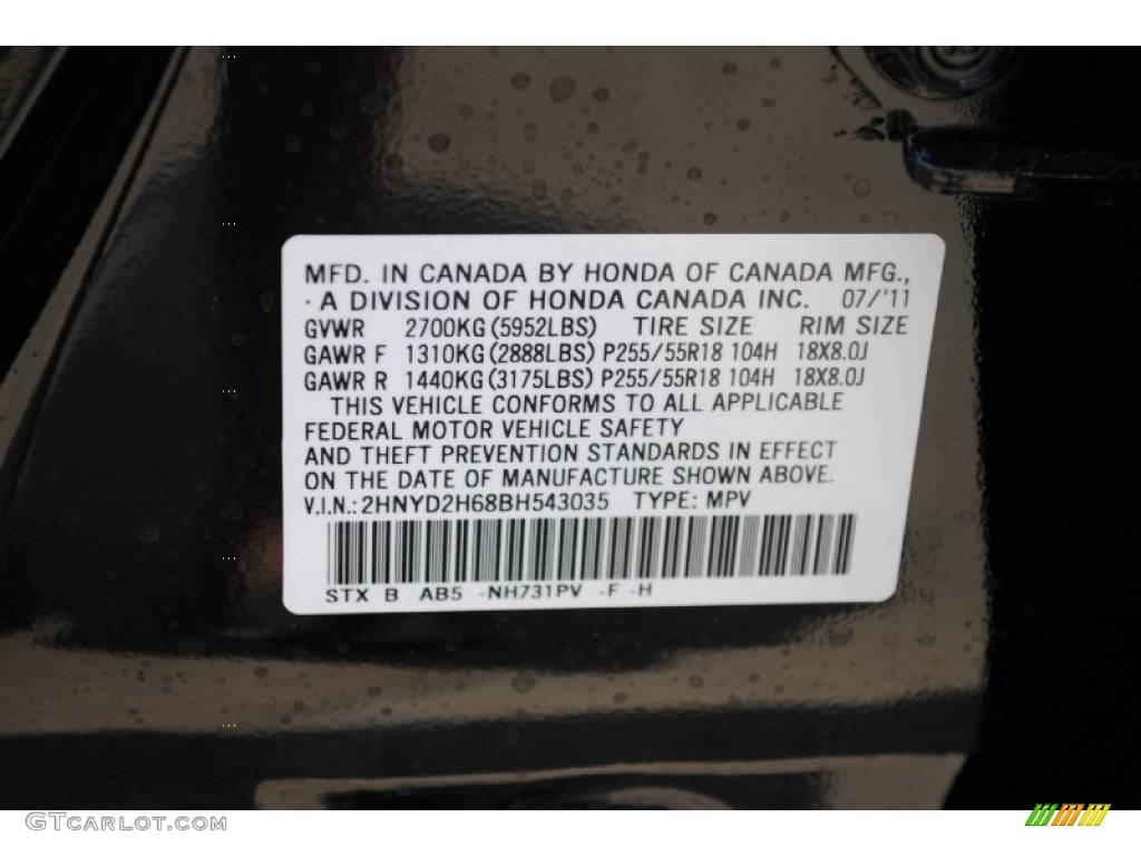 2011 MDX Color Code NH731PV for Crystal Black Pearl Photo #53357362