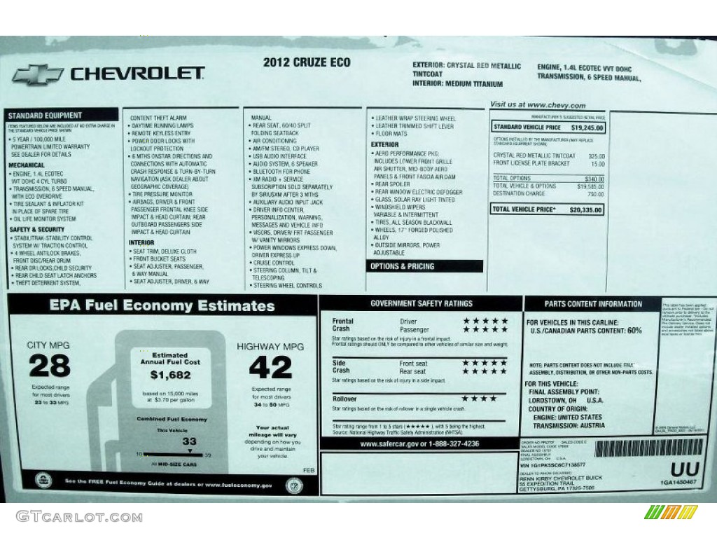 2012 Chevrolet Cruze Eco Window Sticker Photo #53362180
