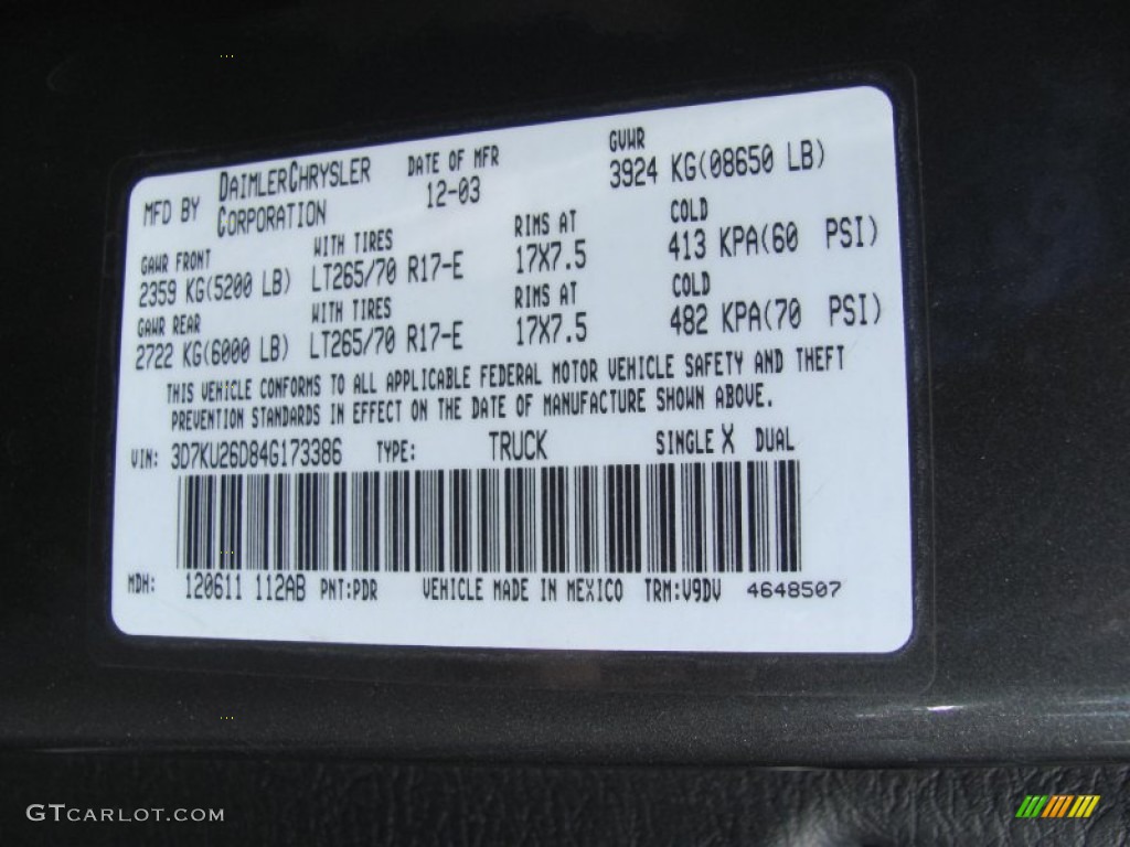 2004 Ram 2500 Color Code PDR for Graphite Metallic Photo #53371835