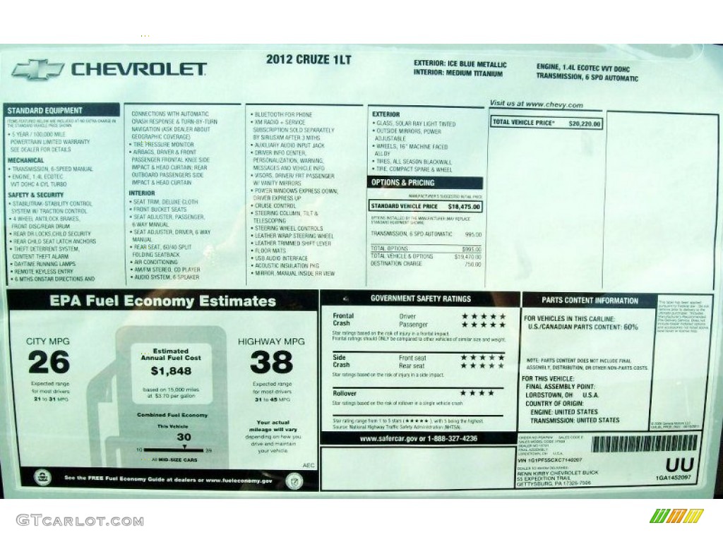 2012 Chevrolet Cruze LT Window Sticker Photo #53376560