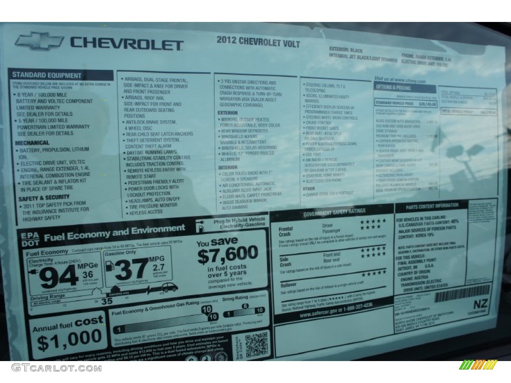2012 Chevrolet Volt Hatchback Window Sticker Photo #53406446