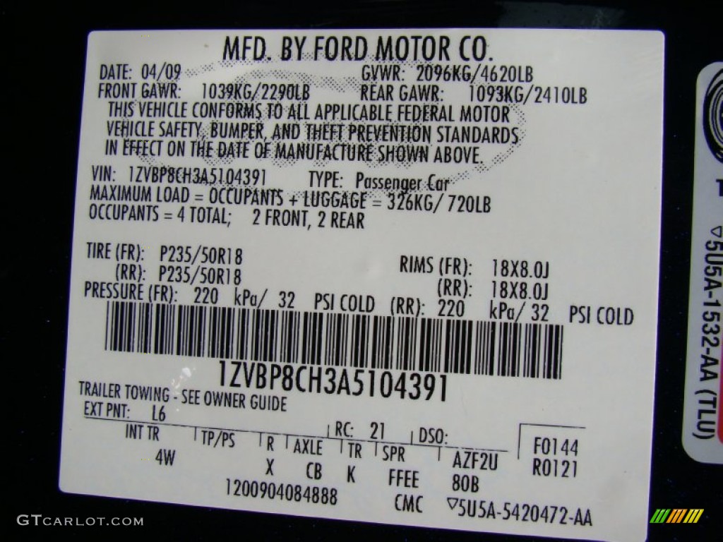 2010 Mustang Color Code L6 for Kona Blue Metallic Photo #53415952