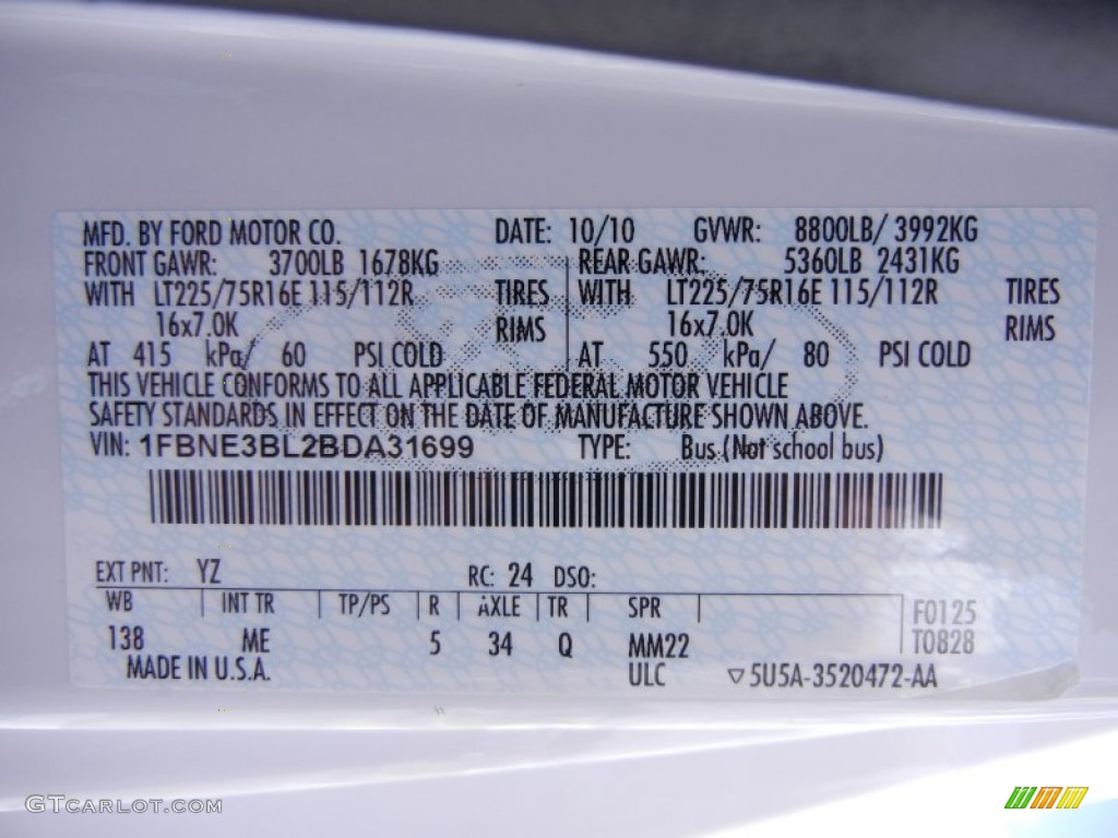 2011 E Series Van Color Code YZ for Oxford White Photo #53416336