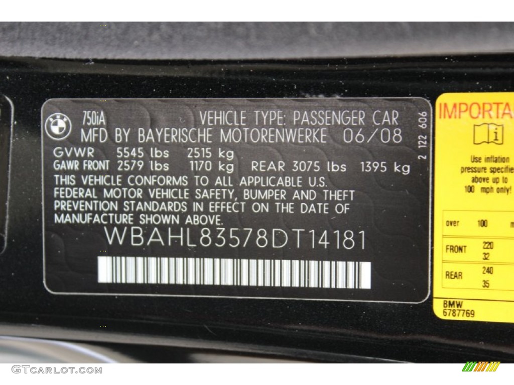 2008 BMW 7 Series 750i Sedan Info Tag Photo #53467252