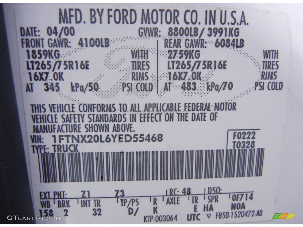 2000 F250 Super Duty Color Code Z1 for Oxford White Photo #53469998