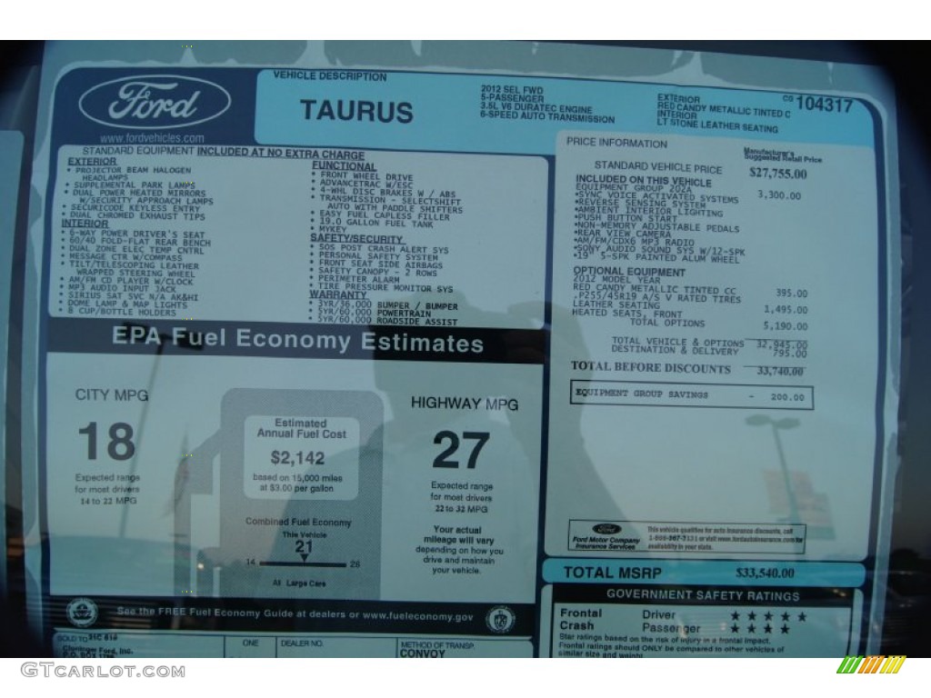 2012 Ford Taurus SEL Window Sticker Photo #53502202