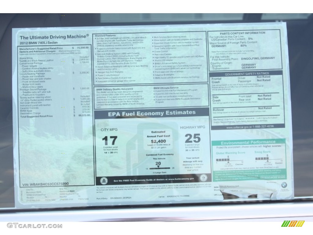 2012 BMW 7 Series 740Li Sedan Window Sticker Photo #53520592