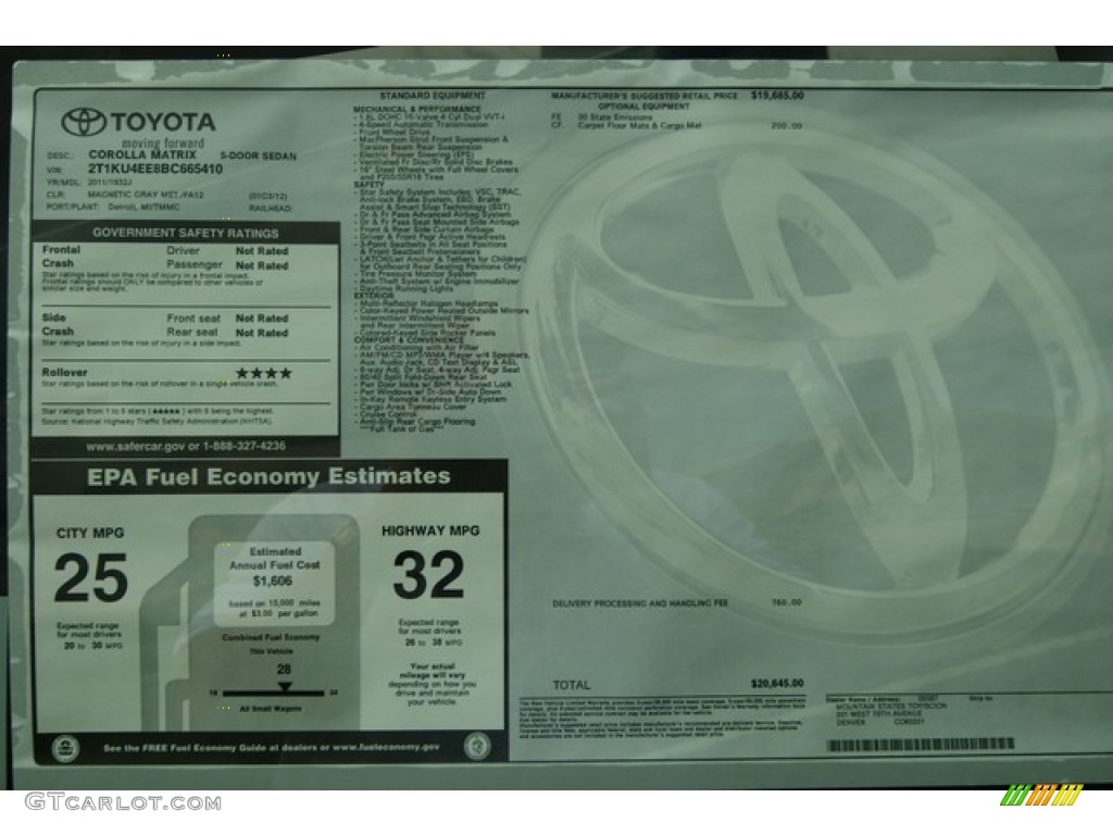 2011 Toyota Matrix 1.8 Window Sticker Photo #53548822