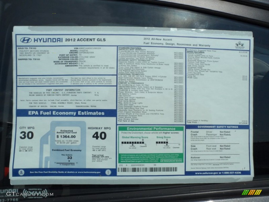 2012 Hyundai Accent GLS 4 Door Window Sticker Photo #53558540