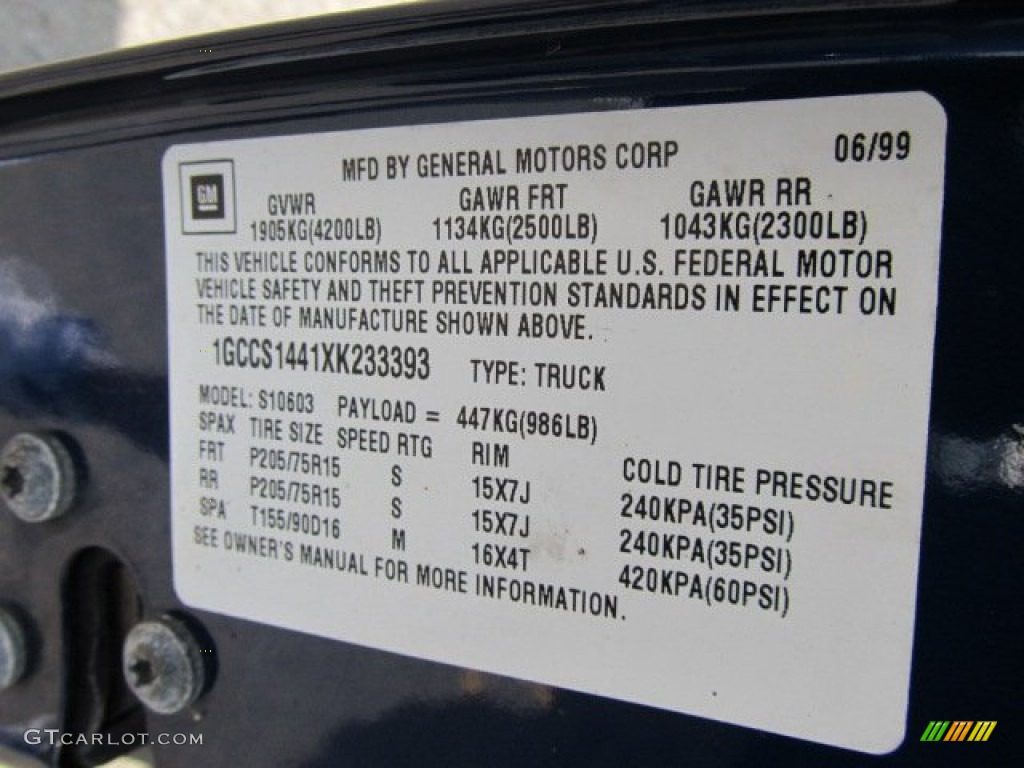 1999 Chevrolet S10 LS Regular Cab Info Tag Photo #53571312