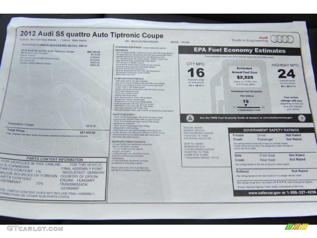 2012 Audi S5 4.2 FSI quattro Coupe Window Sticker Photo #53571513