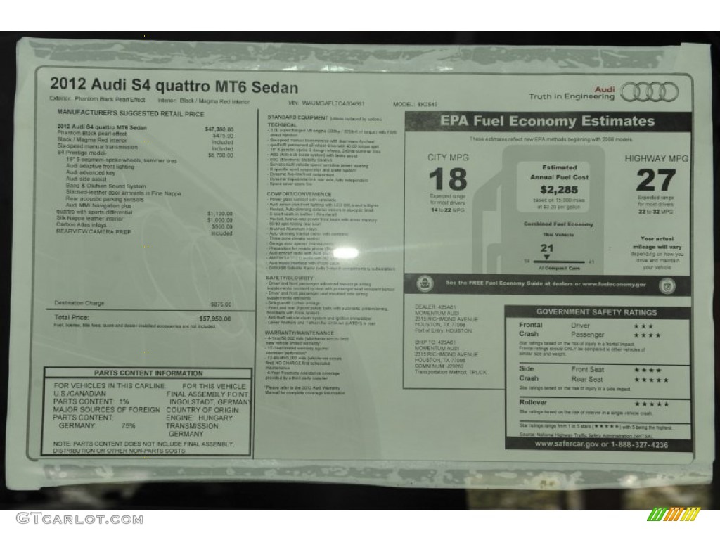 2012 Audi S4 3.0T quattro Sedan Window Sticker Photo #53572173