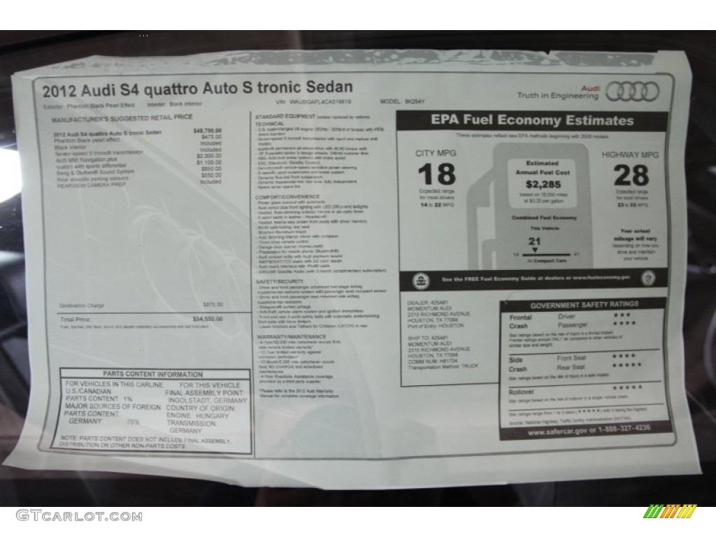 2012 Audi S4 3.0T quattro Sedan Window Sticker Photo #53572833