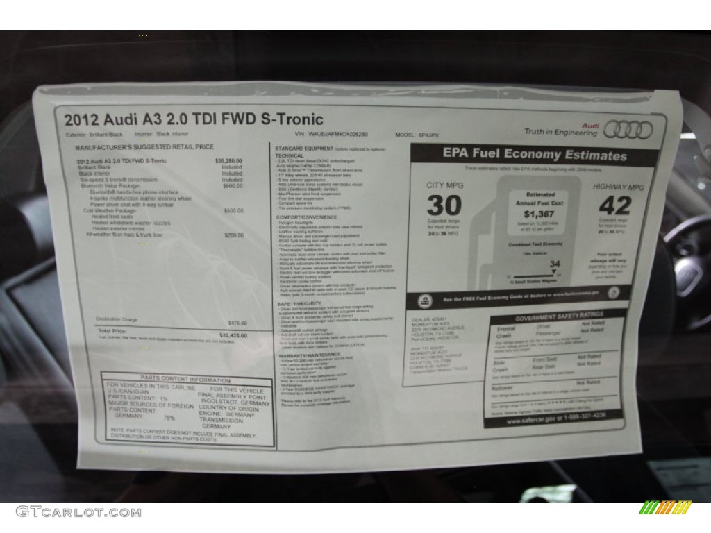 2012 Audi A3 2.0 TDI Window Sticker Photo #53573349