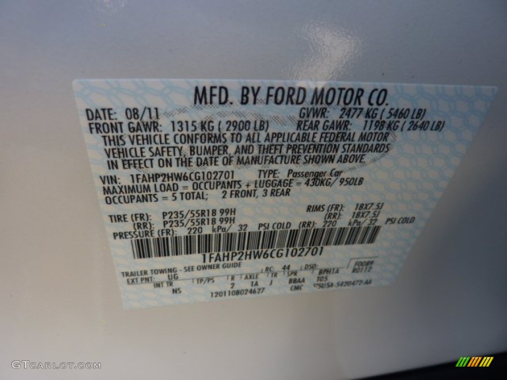 2012 Taurus Color Code UG for White Platinum Tri-Coat Photo #53573631