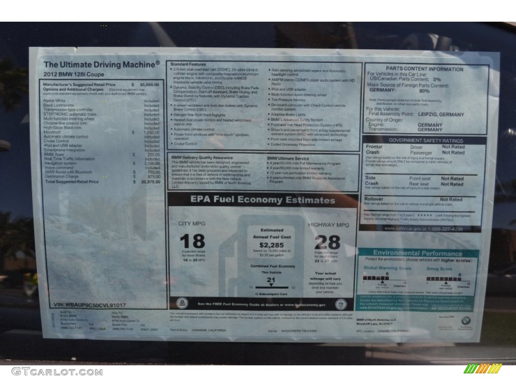 2012 BMW 1 Series 128i Coupe Window Sticker Photo #53574675
