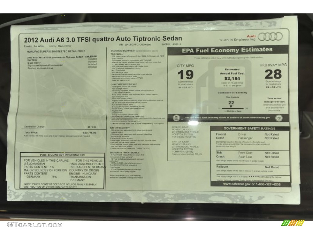 2012 Audi A6 3.0T quattro Sedan Window Sticker Photo #53574747