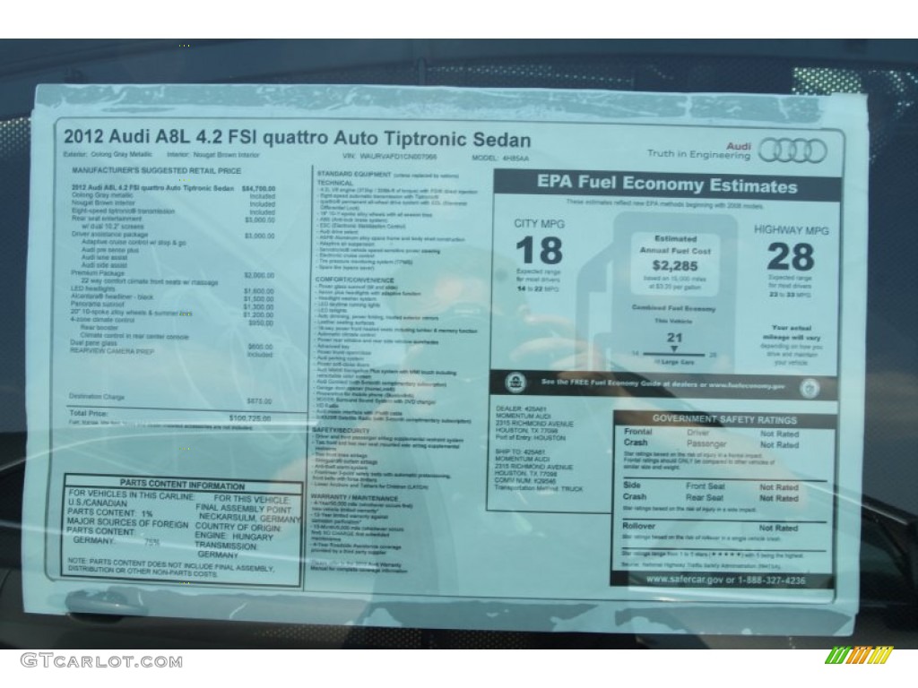2012 Audi A8 L 4.2 quattro Window Sticker Photo #53575515