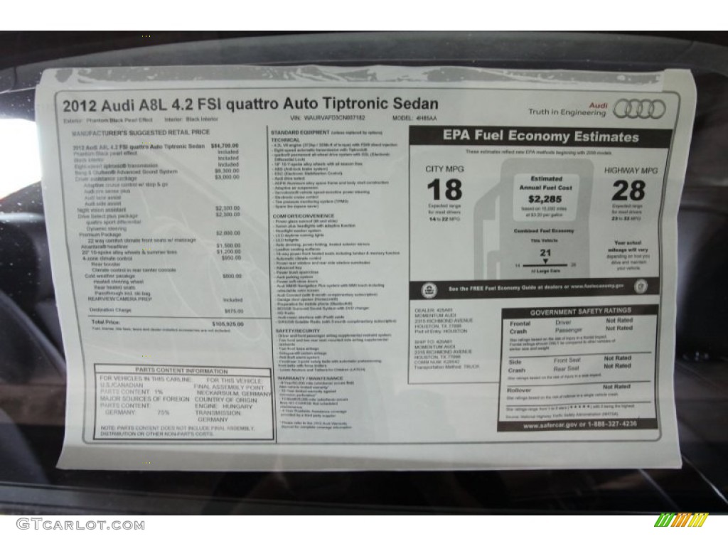 2012 Audi A8 L 4.2 quattro Window Sticker Photo #53576157