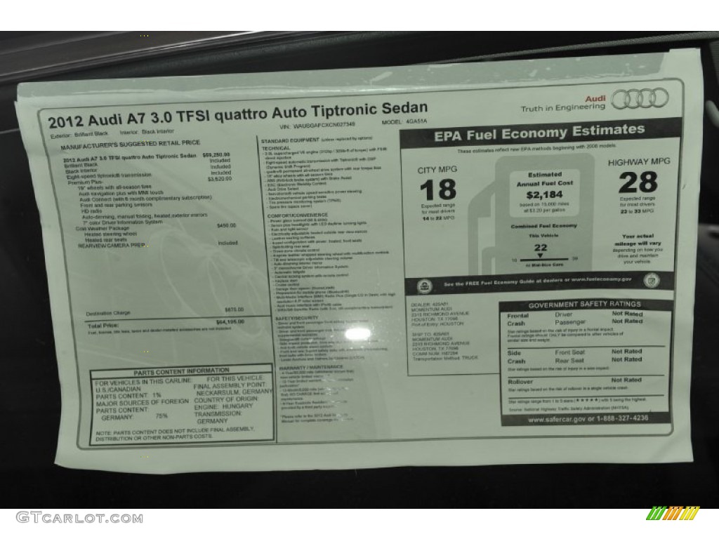 2012 Audi A7 3.0T quattro Premium Window Sticker Photo #53576754