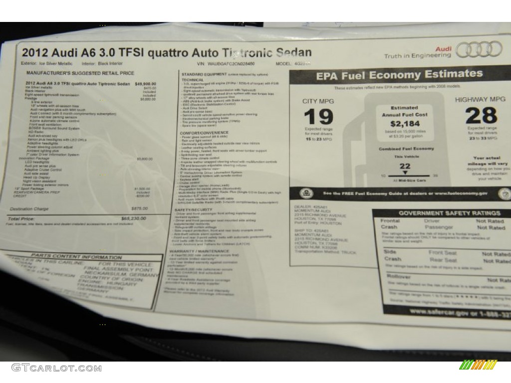 2012 Audi A6 3.0T quattro Sedan Window Sticker Photo #53577369